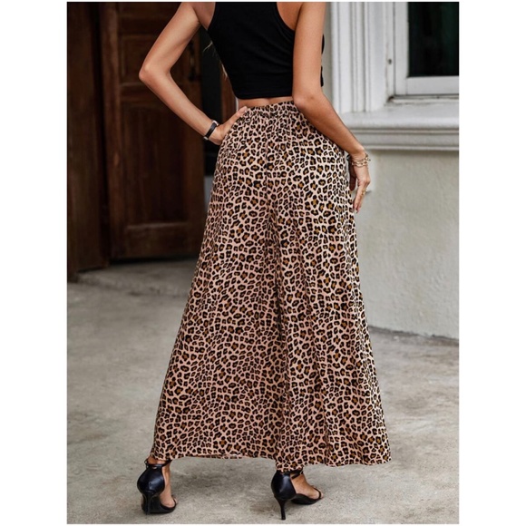 Boho Camel leopard print Wide leg Palazzo Pocket Pants - Picture 4 of 5